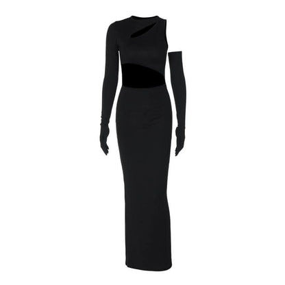 Long sleeve gloves irregular hollow out crewneck cut out maxi dress-final-sale