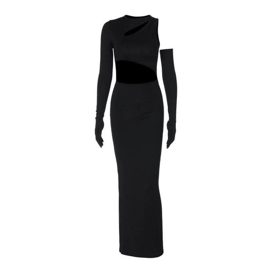 Long sleeve gloves irregular hollow out crewneck cut out maxi dress-final-sale