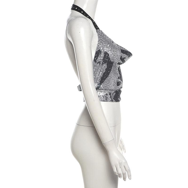 Halter cowl neck glitter buckle print top