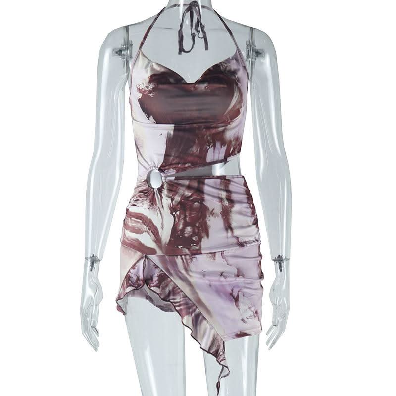 Halter cowl neck hollow out o ring abstract cut out mini dress