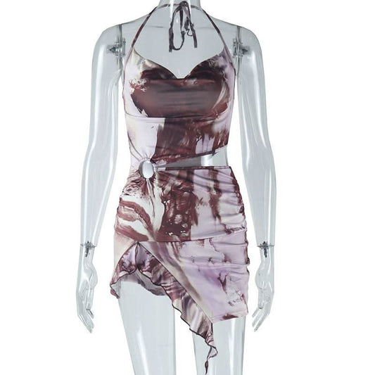 Halter cowl neck hollow out o ring abstract cut out mini dress