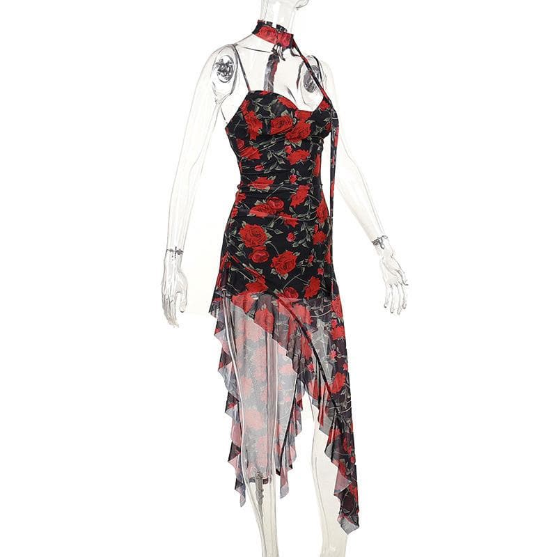 Sweetheart neck ruffle print irregular cami midi dress