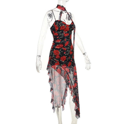 Sweetheart neck ruffle print irregular cami midi dress