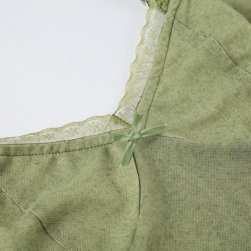 Lace hem ruffle irregular mesh bowknot cami top