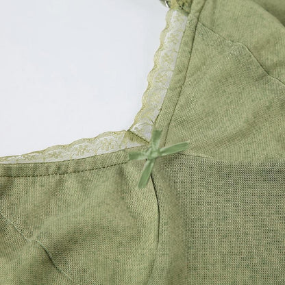 Lace hem ruffle irregular mesh bowknot cami top