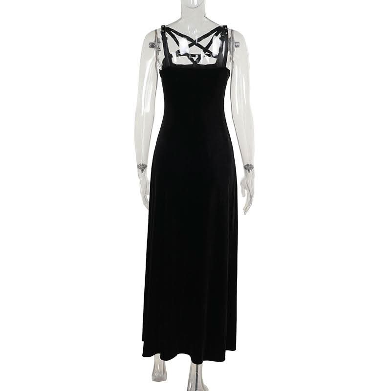 Velvet high slit pentacle pattern buckle cami maxi dress