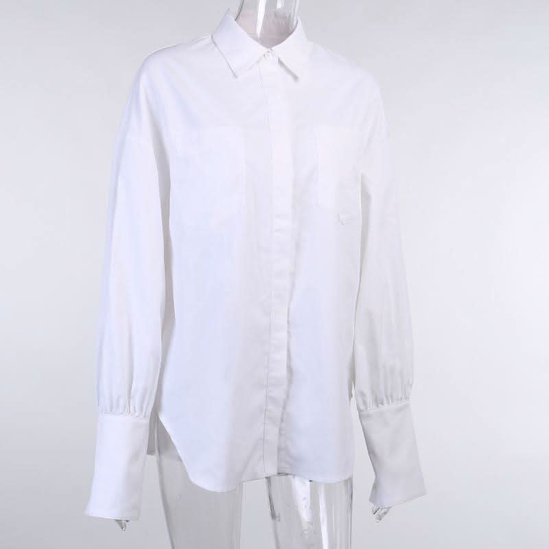 Long sleeve button turnover collar pocket solid top