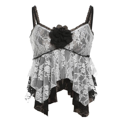 Lace patchwork flower applique ruffle cami top