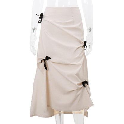 Bowknot ruched zip-up slit irregular contrast midi skirt