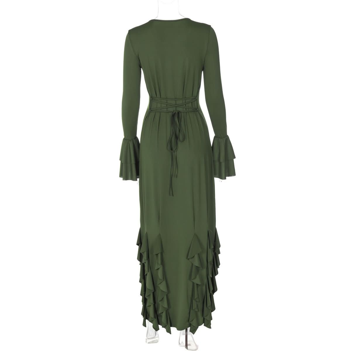 Long flared sleeve crewneck ruffle self tie maxi dress