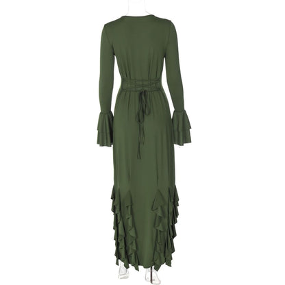 Long flared sleeve crewneck ruffle self tie maxi dress