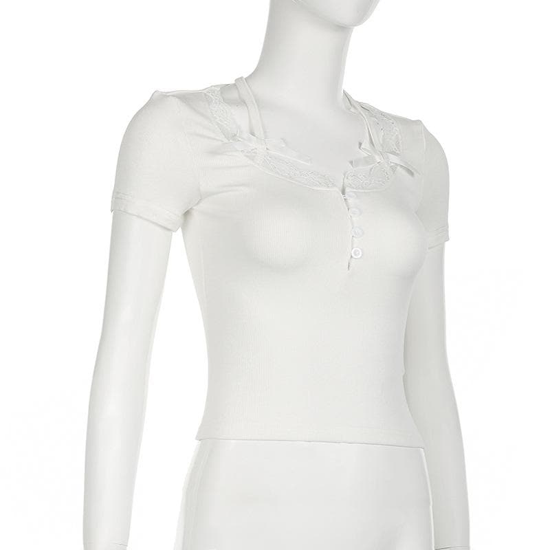 Short sleeve lace hem ribbed bowknot button crop top