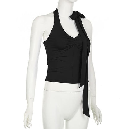 Halter knotted irregular v neck backless top