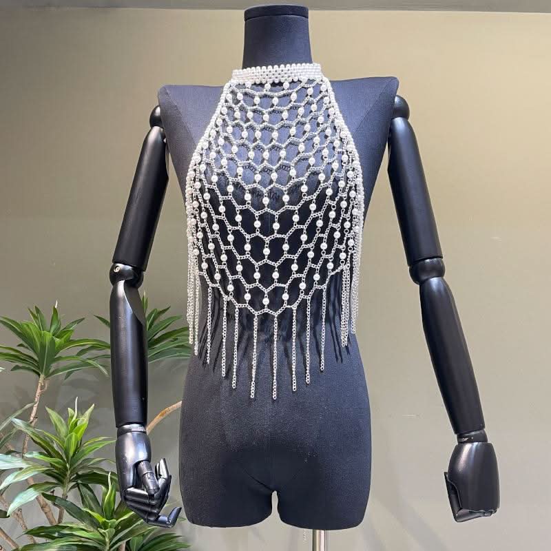 Halter metal chain beaded tassels backless hollow out cut out top