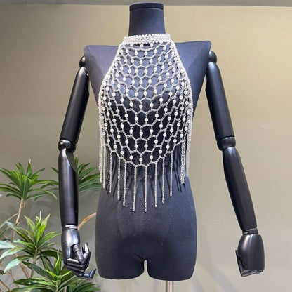 Halter metal chain beaded tassels backless hollow out cut out top