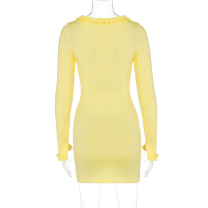 Long sleeve v neck hollow out ruffle cut out mini dress