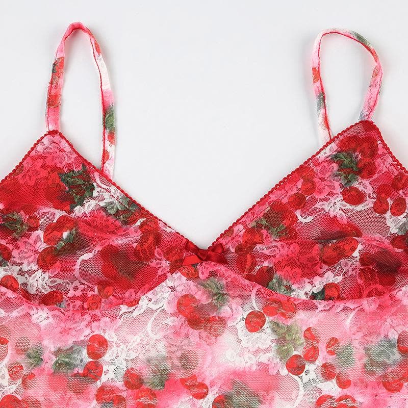 V neck flower print lace see through cami top