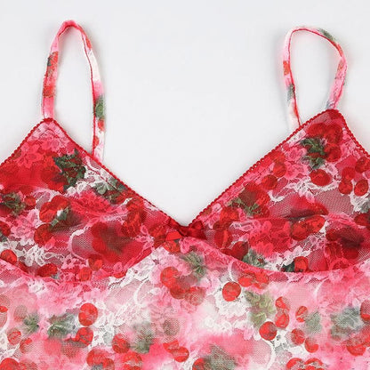 V neck flower print lace see through cami top