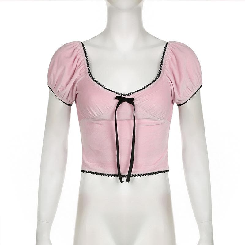 Short puff sleeve bowknot ribbon velvet top