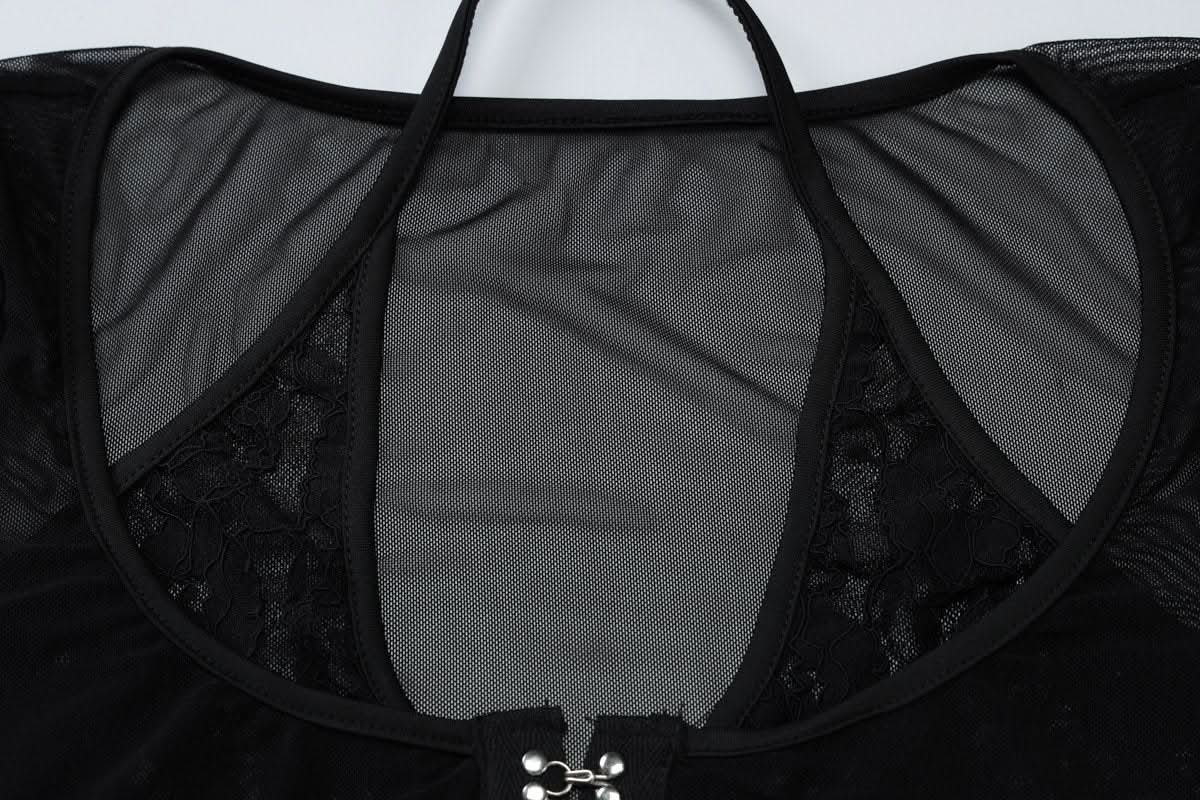 Halter long sleeve mesh lace hem button top