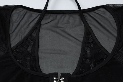 Halter long sleeve mesh lace hem button top