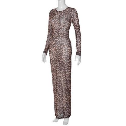 Long sleeve leopard print crewneck sheer mesh maxi dress