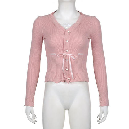 Knitted ruffle long sleeve button lace hem contrast top