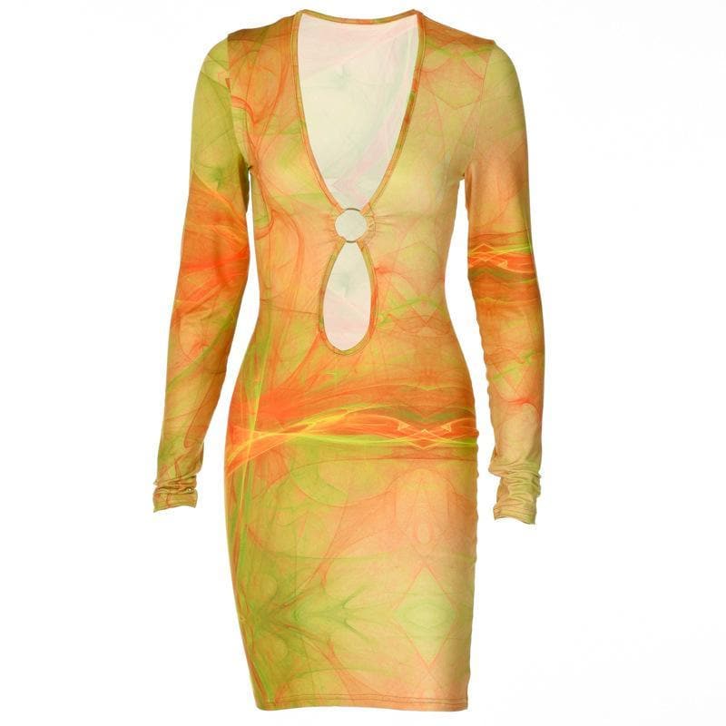 Long Sleeve Deep V Neck Ring Detail Keyhole Cutout Print Bodycon Mini Dress