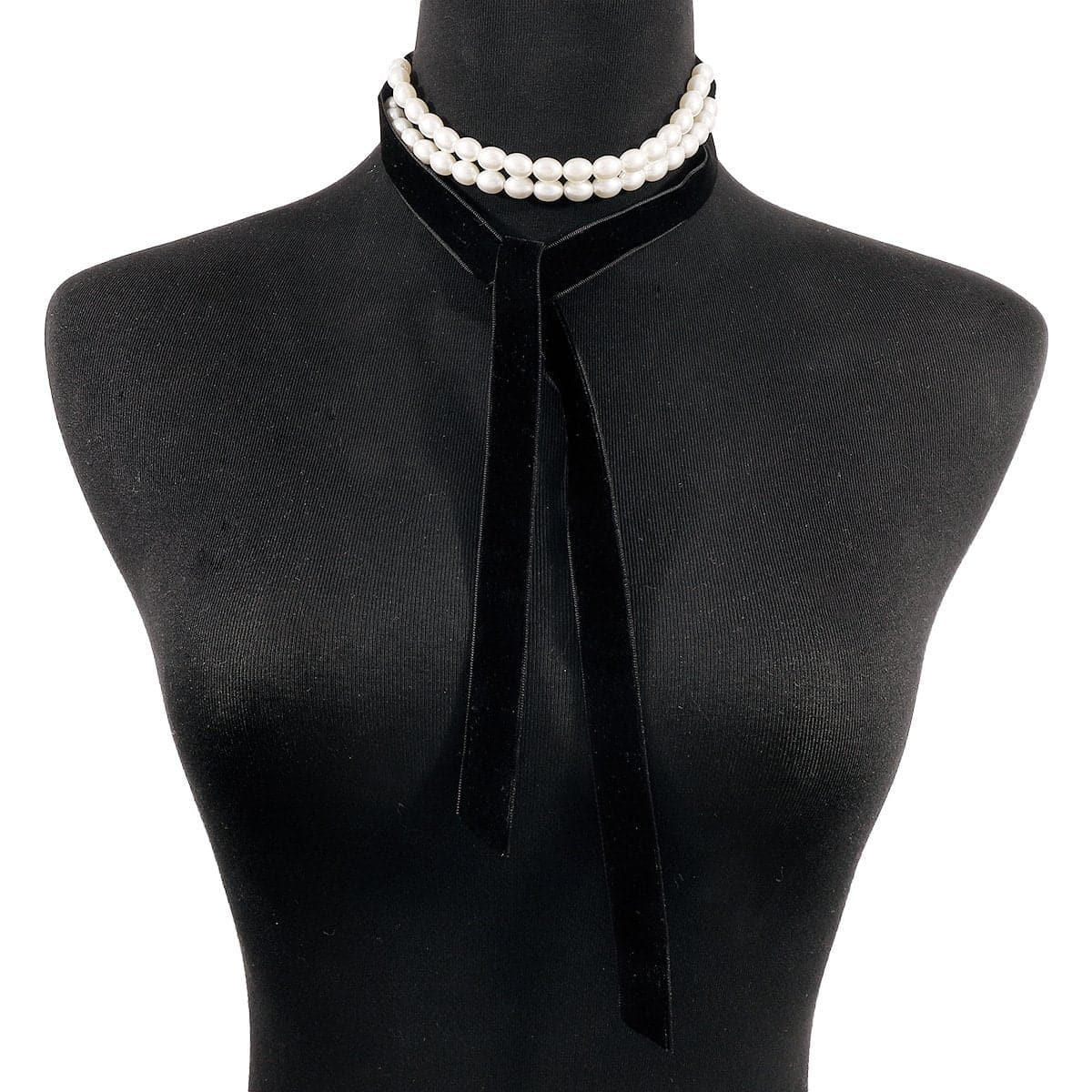 Faux pearl ribbon velvet layered choker necklace