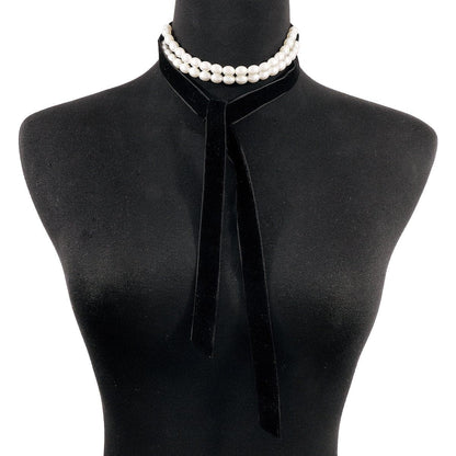 Faux pearl ribbon velvet layered choker necklace
