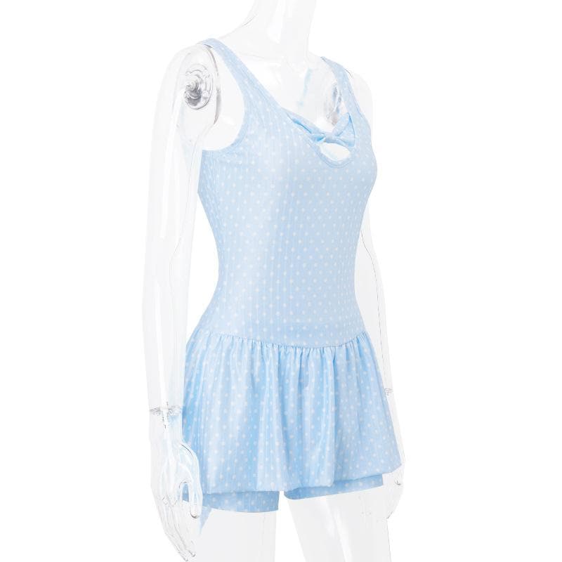 Sleeveless polka dot bowknot hollow out pant set