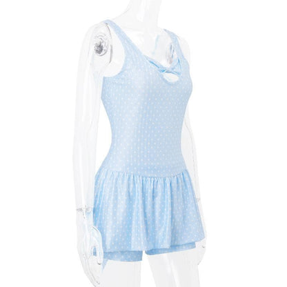 Sleeveless polka dot bowknot hollow out pant set