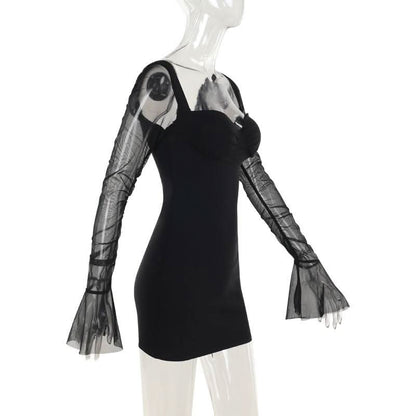 Sweetheart neck long sleeve mesh mini dress