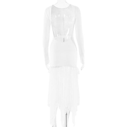Long sleeve crewneck lace backless ruched midi dress