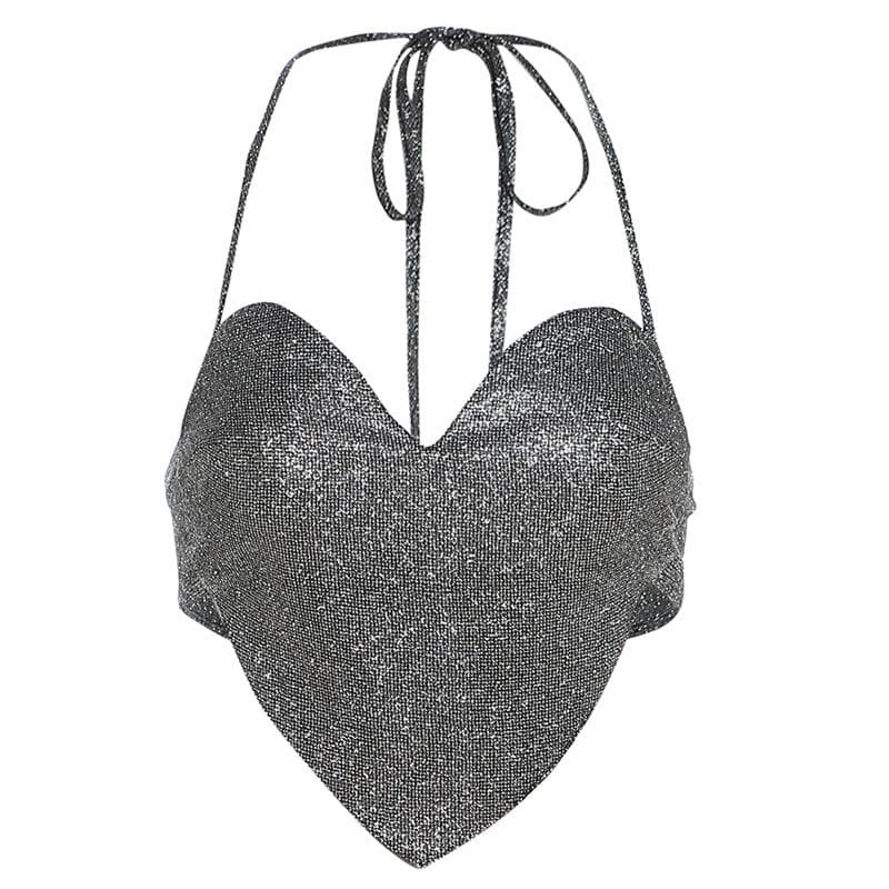 Halter backless zip-up beaded sweetheart neck crop top