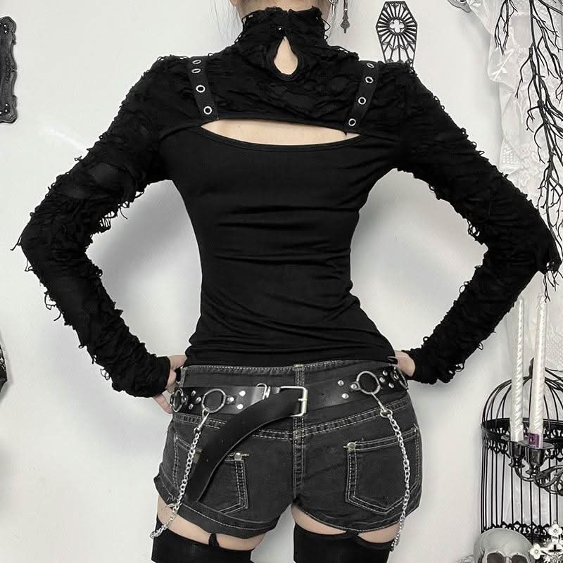Long sleeve high neck hollow out buckle cut out top