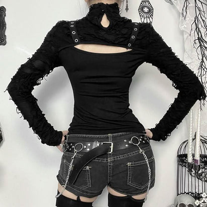 Long sleeve high neck hollow out buckle cut out top