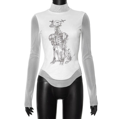 Long sleeve high neck skeleton dog print mesh top