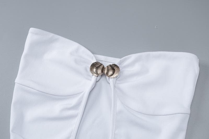 Sweetheart neck shell metal tag button hollow out tube cut out maxi dress