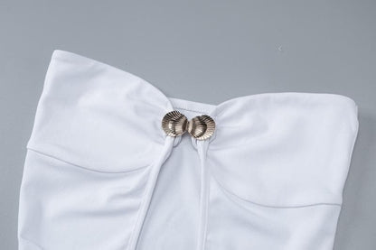 Sweetheart neck shell metal tag button hollow out tube cut out maxi dress