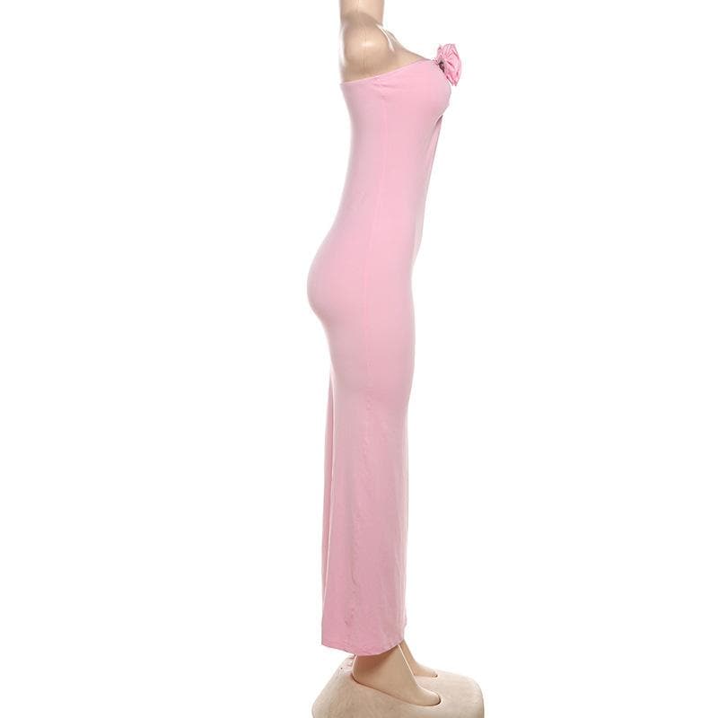 Notch neck flower applique ruched tube maxi dress