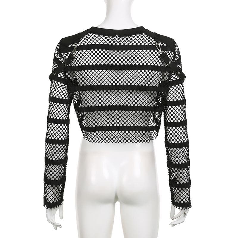 Hollow out long sleeve fishnet see through buckle solid crop cut out top