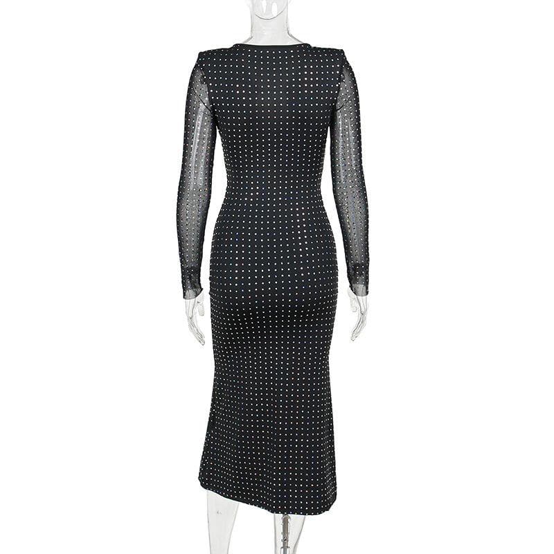 Rhinestone Grid Long Sleeve Keyhole Bow Tie Front Cutout Maxi Dress