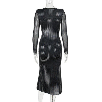 Rhinestone Grid Long Sleeve Keyhole Bow Tie Front Cutout Maxi Dress