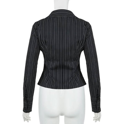 Turnover collar long sleeve striped button top