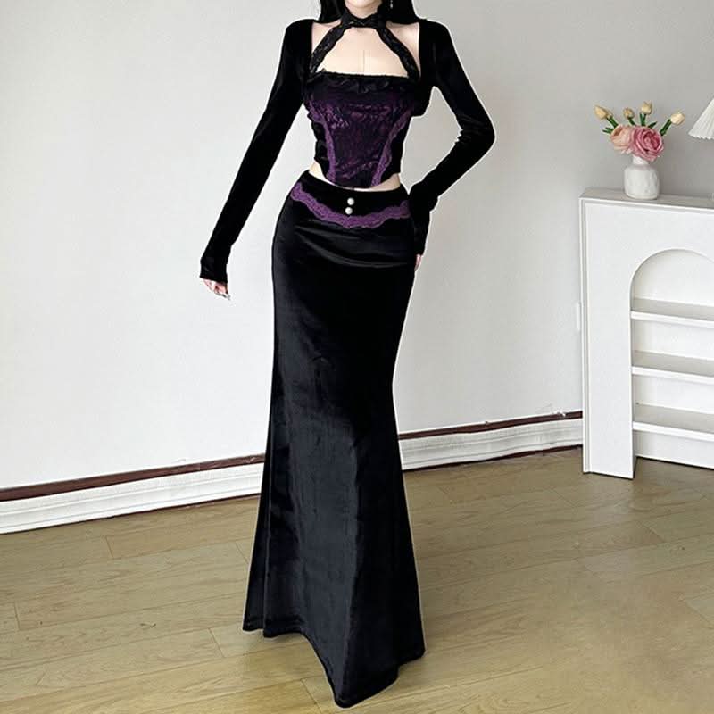 Halter long sleeve velvet lace hem 2 piece top