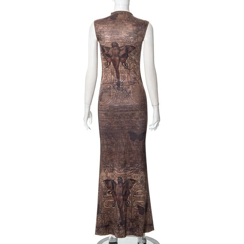 Abstract print hollow out stitch sleeveless cut out midi dress