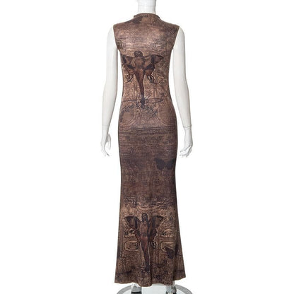 Abstract print hollow out stitch sleeveless cut out midi dress