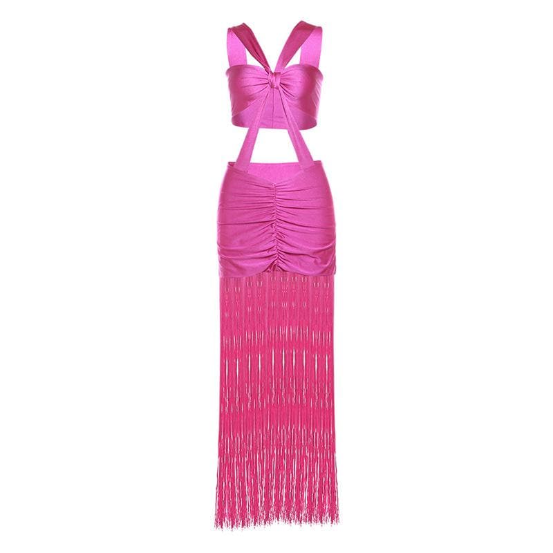 Ruched knotted tassels metallic cami mini dress