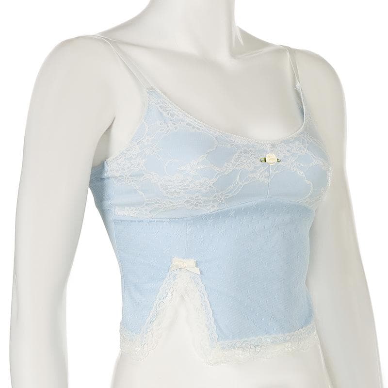 Lace slit flower applique bowknot cami top